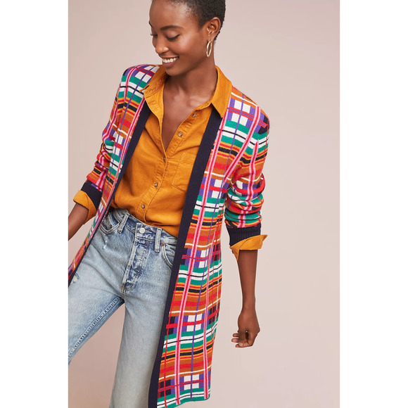 Moth Anthropologie Williston Plaid Long Cardigan Sweater Belted Womens Small - Picture 2 of 13